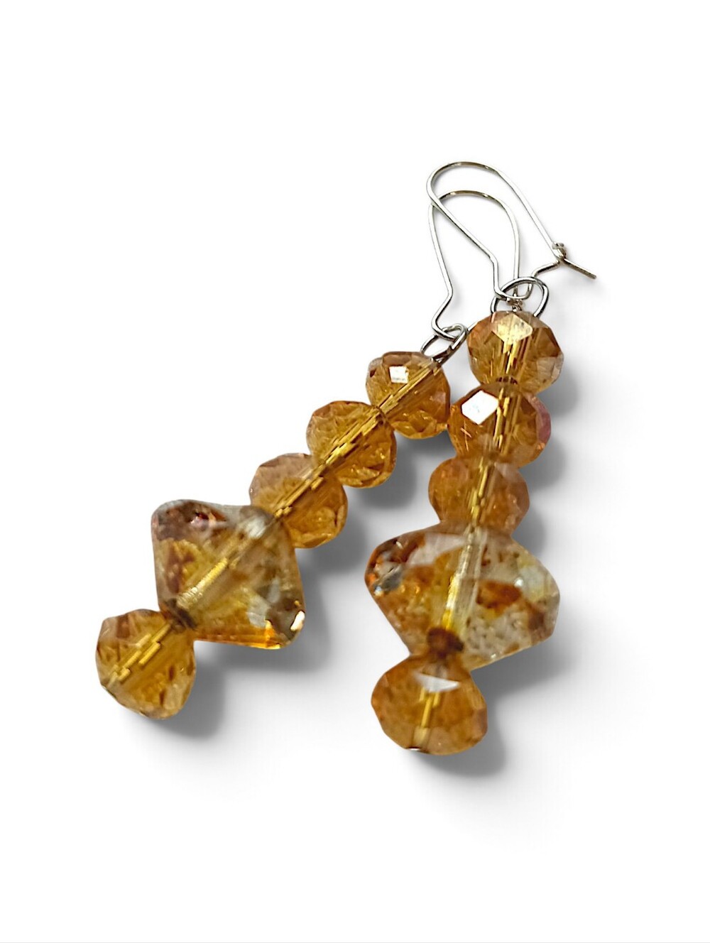 Hand Crafted Amber Faceted Bead Drop Earrings Cascading Crystal Gold Sparkle